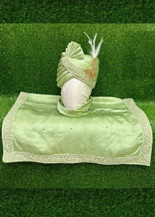 Pista Green Silk Safa Dupatta Set for Groom