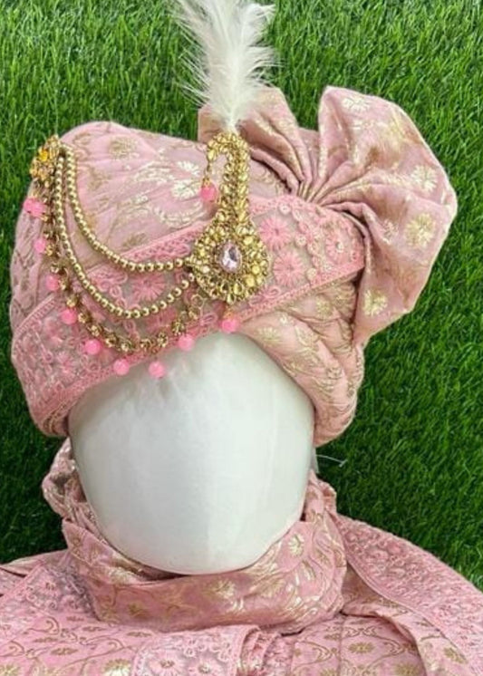 Pink Designer Safa Dupatta Set for Groom