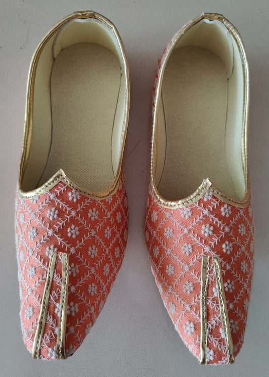 Peach Orange Chikan Embroidery Mojari Shoes