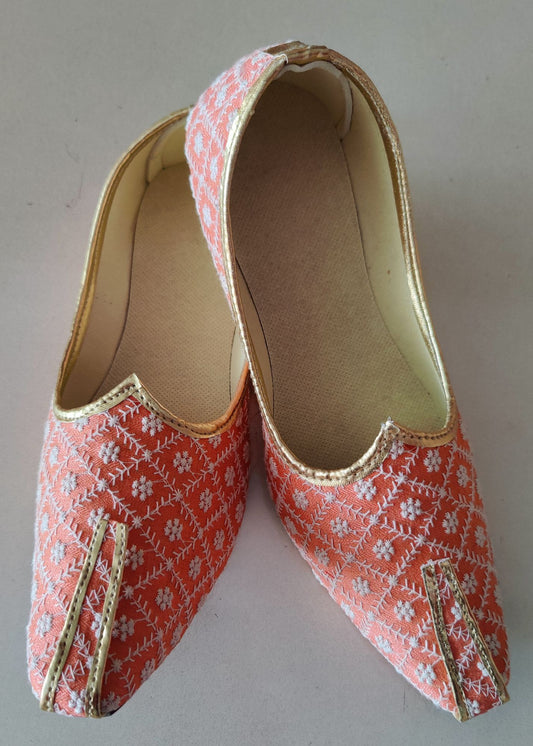 Peach Orange Chikan Embroidery Mojari Shoes