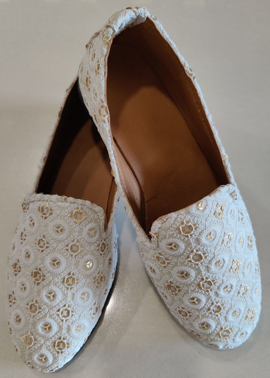 White Chikankari Sequin Embroidery Groom Ethnic Shoes