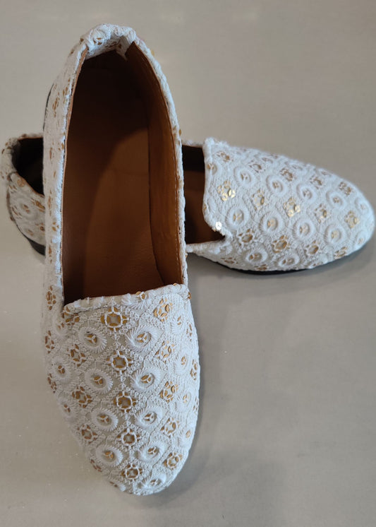 White Chikankari Sequin Embroidery Groom Ethnic Shoes