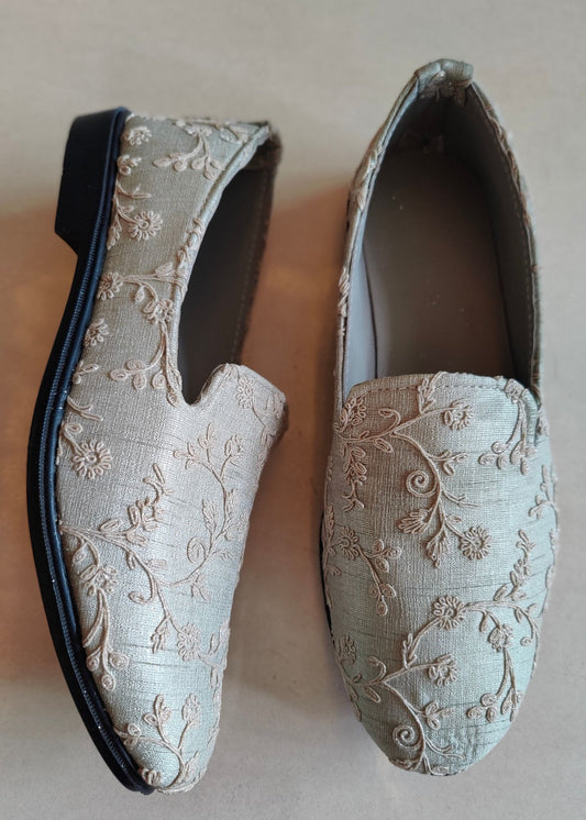 Sea Green Shimmer Embroidery Loafer Mens Shoes