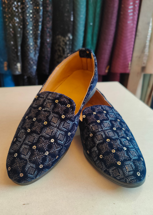 Blue Self Embroidered Velvet Loafer Shoes for Mens