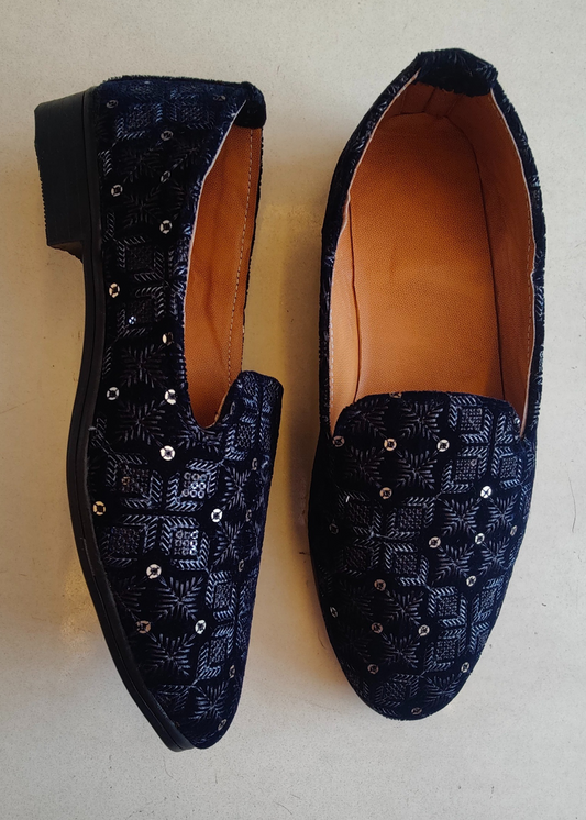 Blue Self Embroidered Velvet Loafer Shoes for Mens