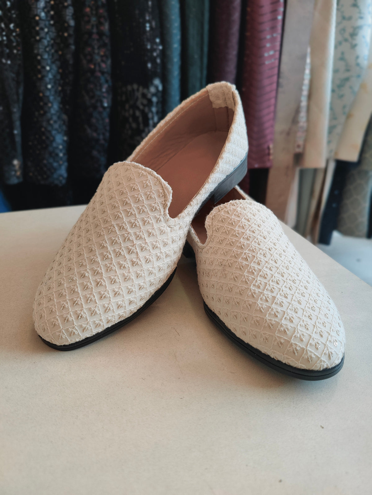 Ivory Sequin Designer Embroidery Loafer Shoes