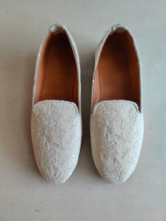 White Sequin Designer Embroidery Loafer Shoes