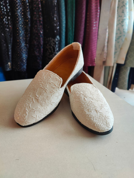 White Sequin Designer Embroidery Loafer Shoes