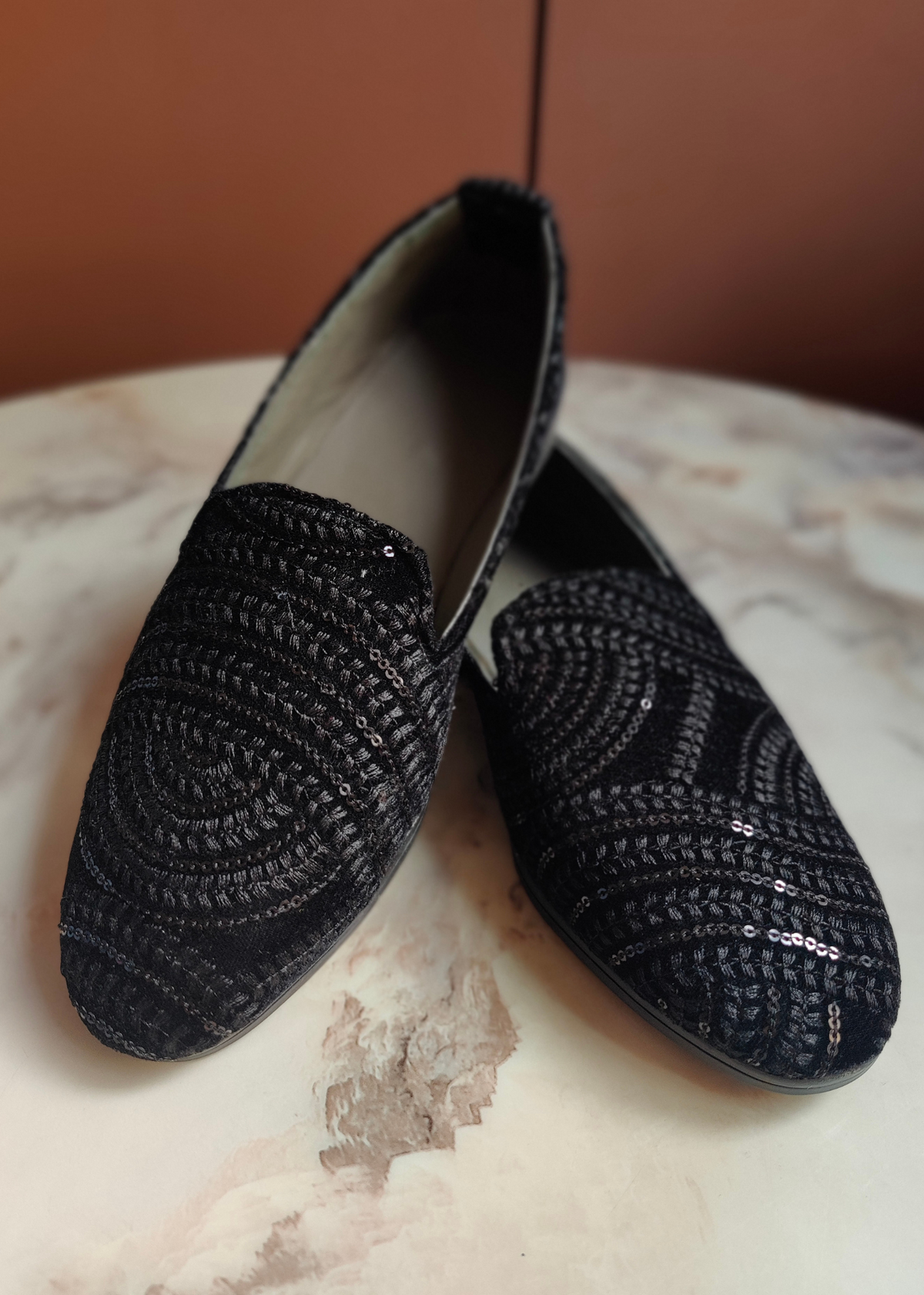 Black Sequin Designer Embroidery Loafer Shoes