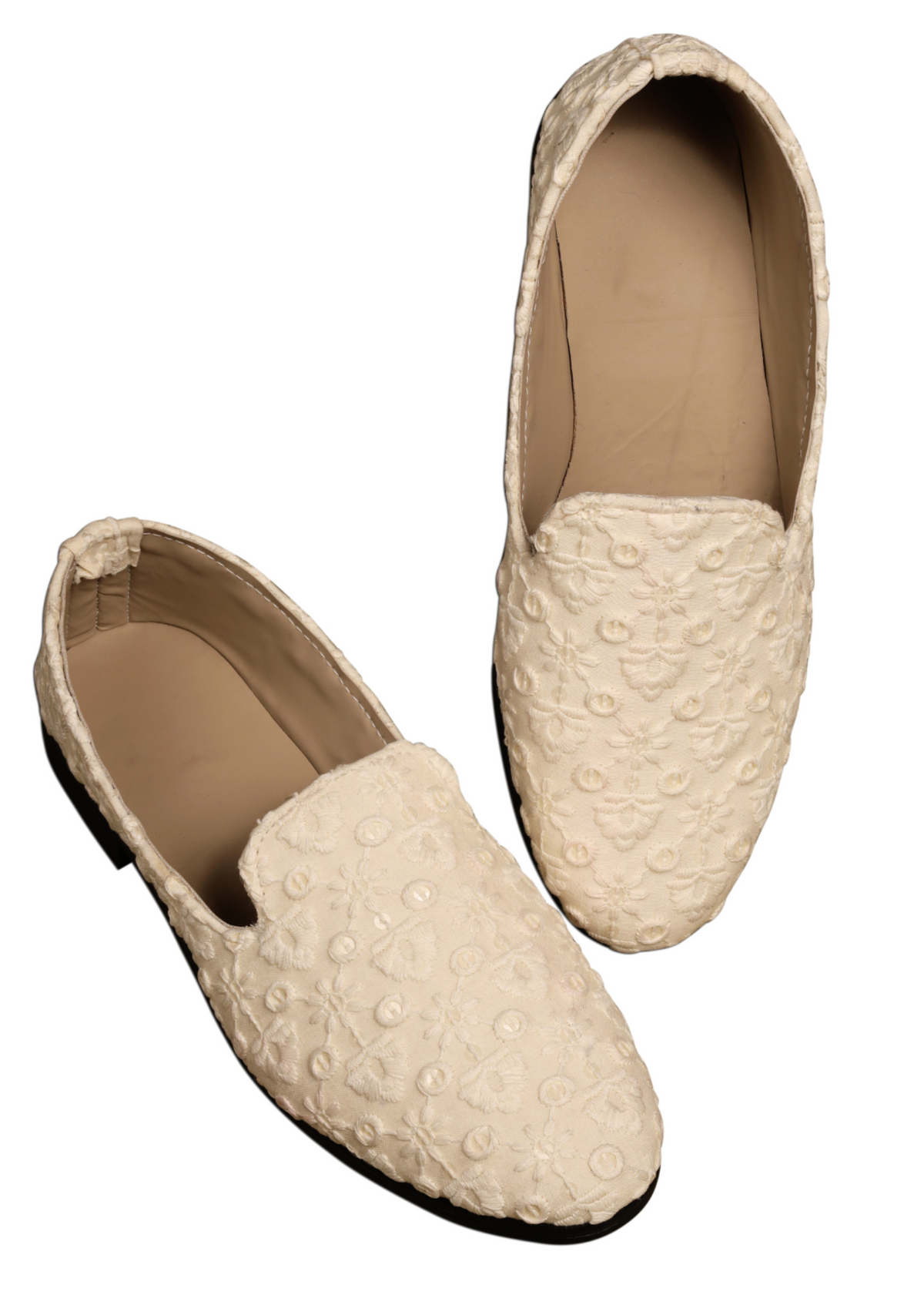 Cream Embroidery Loafer Shoes For Men