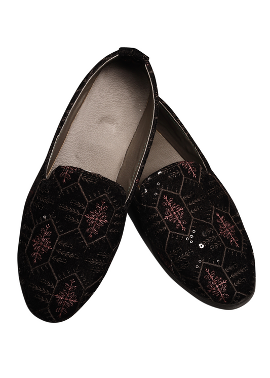 Black Embroidery Loafer Shoes For Men