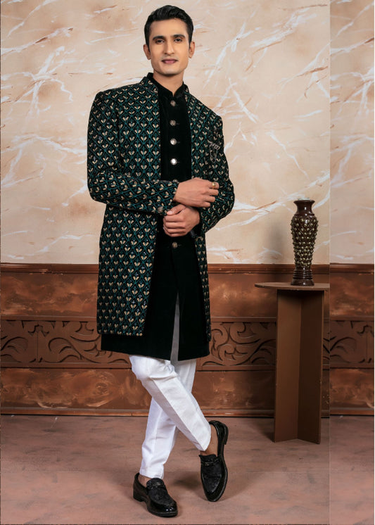 Black Embroidered Open Indo Western Set