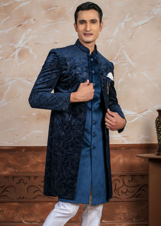 Navy Blue Self Embroidery Indo Western Set