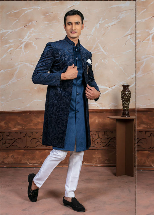 Navy Blue Self Embroidery Indo Western Set