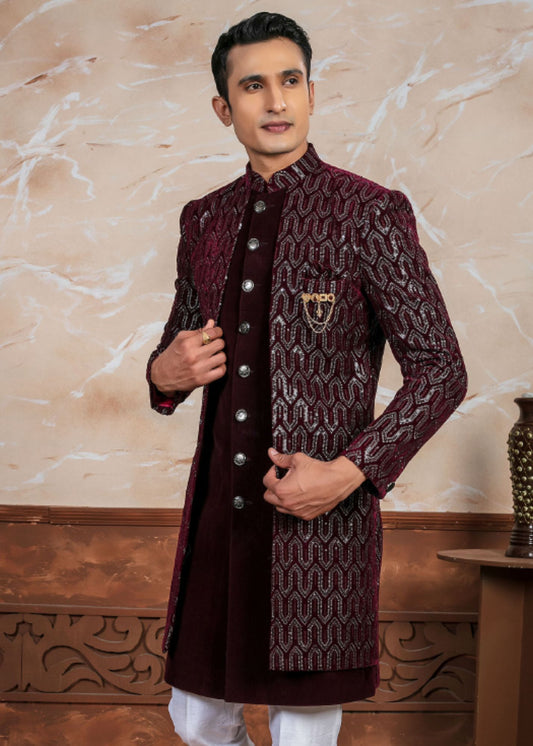 Wine Sequin Designer Open Indo Western Set