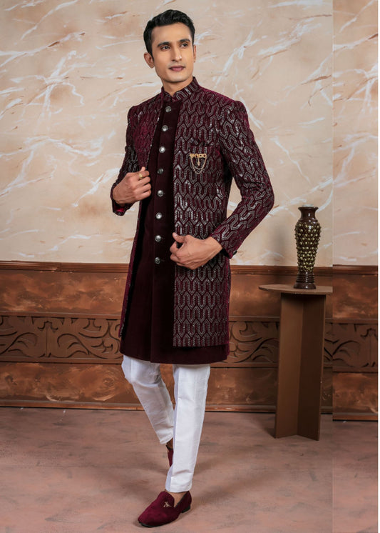 Wine Sequin Designer Open Indo Western Set