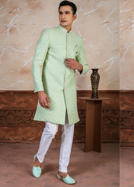 Light Green Embroidered Open Indo Western Set