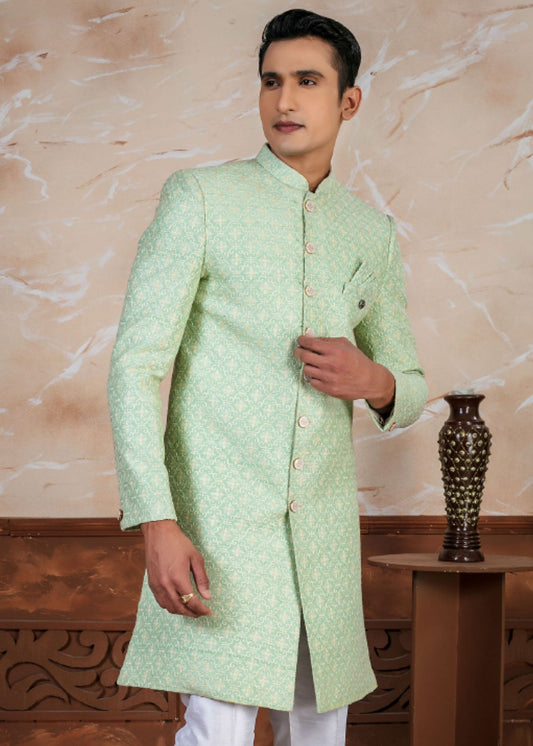 Light Green Embroidered Open Indo Western Set