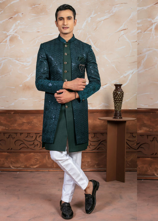 Teal Green Sequin Embroidery Indo Western Set