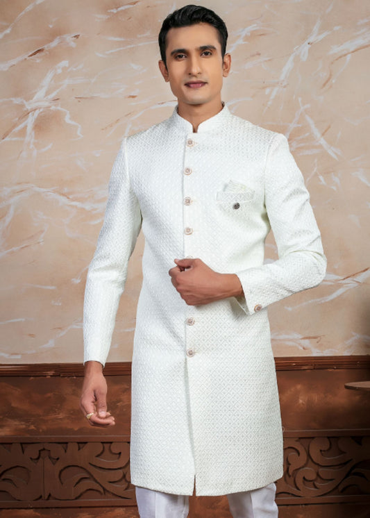 White Self Embroidery Indo Western Set