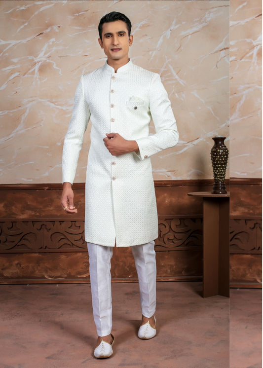 White Self Embroidery Indo Western Set