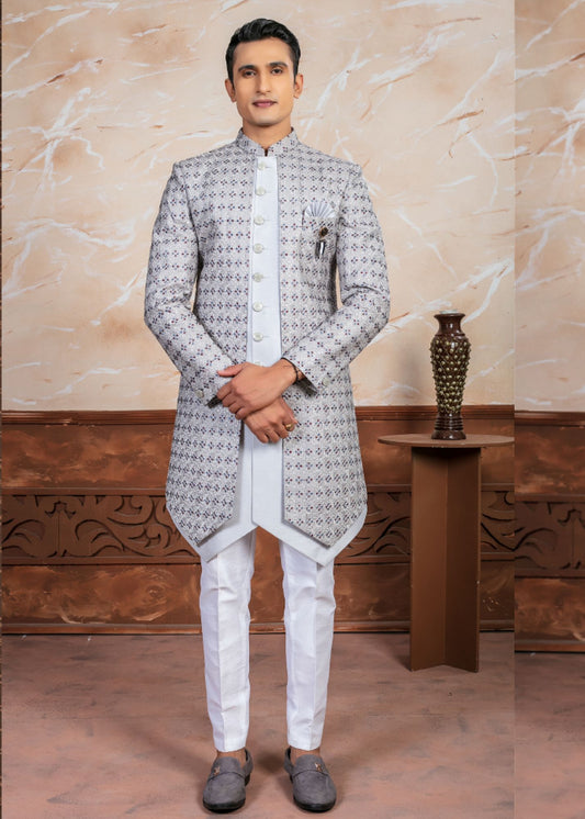 Grey Designer Open Indo Western Set