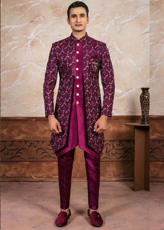 Wine Self Embroidered Open Indo Western Set