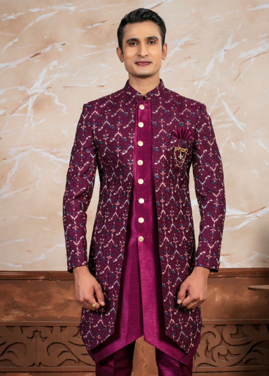 Wine Self Embroidered Open Indo Western Set