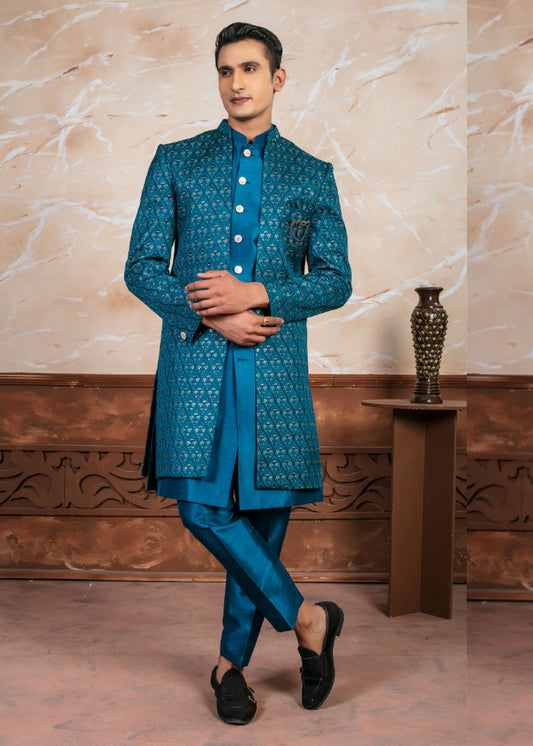 Teal Blue Sequin Open Indo Western Set
