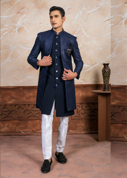 Navy Blue Designer Open Indo Western Set