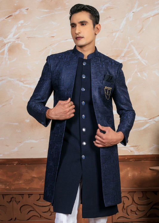 Navy Blue Designer Open Indo Western Set