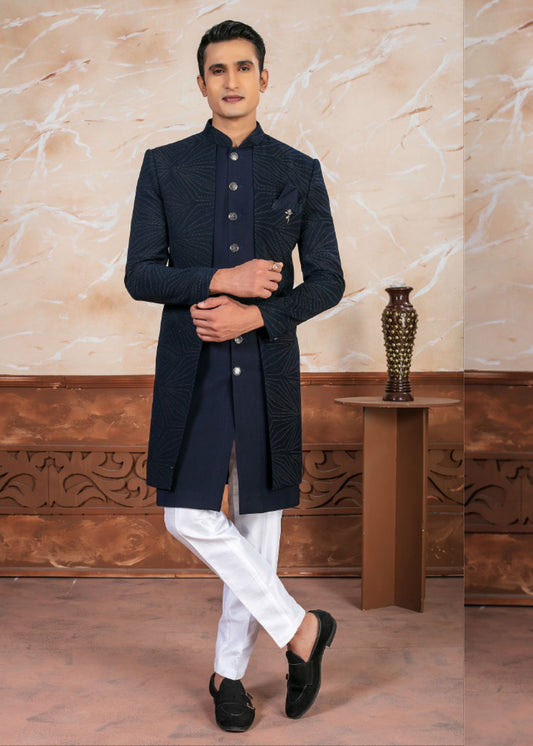 Navy Blue Self Design Open Indo Western Set