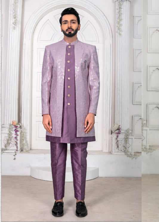 Purple Embroidered Open Indo Western Set