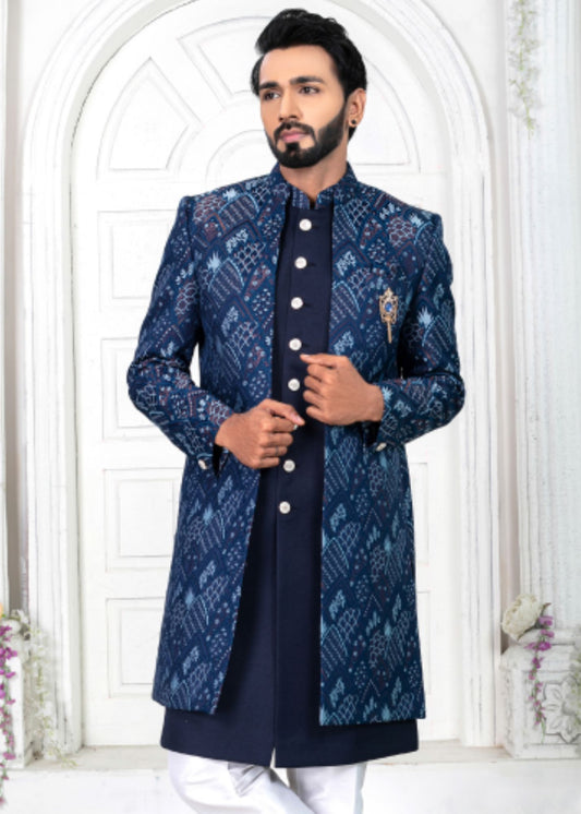 Navy Blue Embroidered Open Indo Western Set