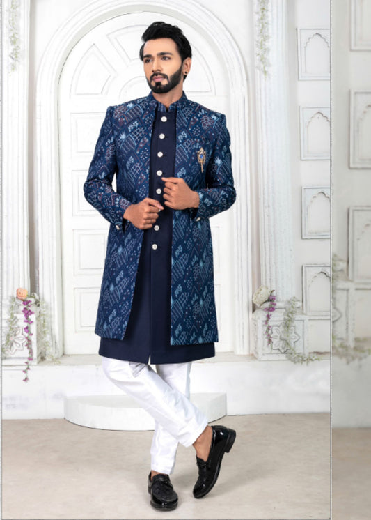 Navy Blue Embroidered Open Indo Western Set