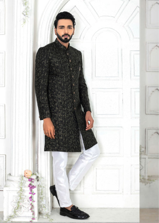 Black Self Embroidered Indo Western Set