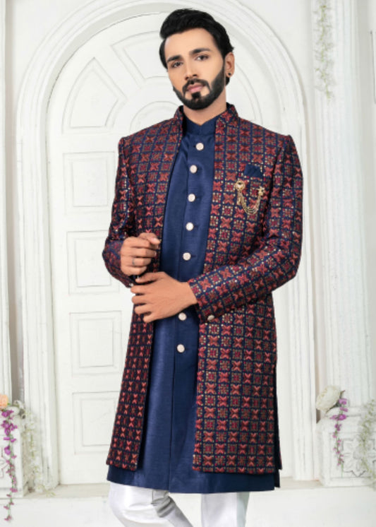 Purple Blue Open Indo Western Set