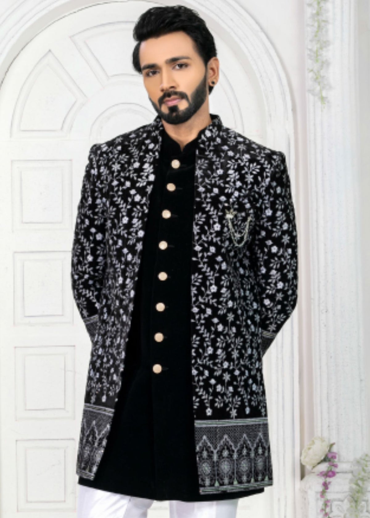 Black Embroidered Open Indo Western Set