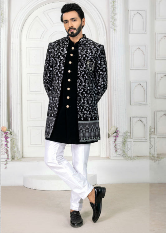 Black Embroidered Open Indo Western Set