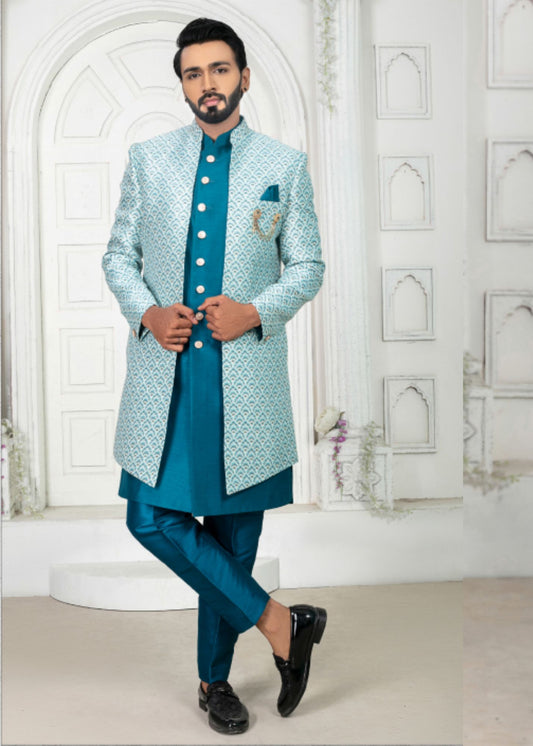 Teal Blue Open Indo Western Set