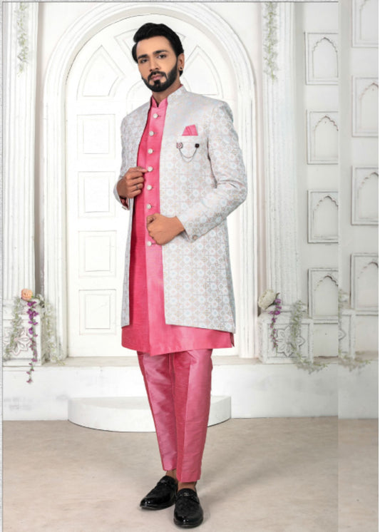 Pink Embroidered Open Indo Western Set