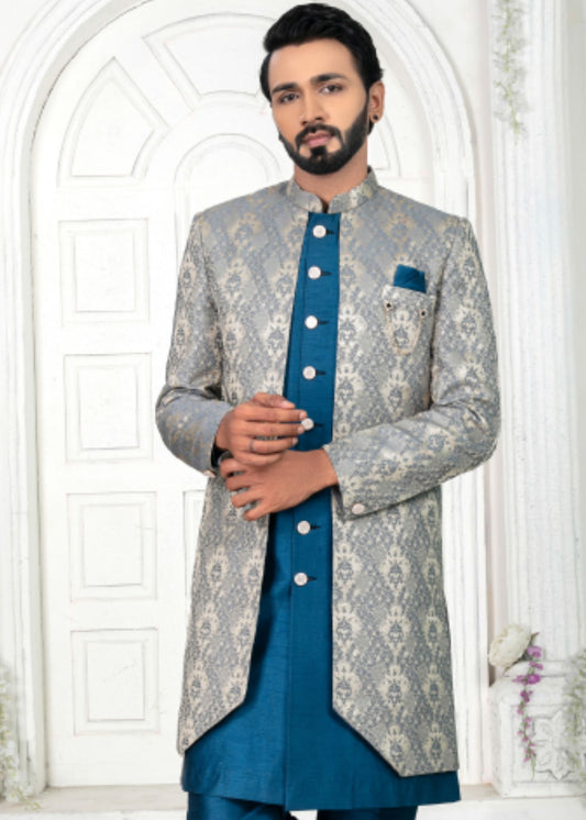 Grey & Blue Embroidered Open Indo Western Set