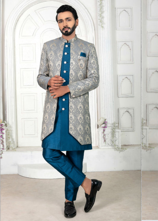 Grey & Blue Embroidered Open Indo Western Set