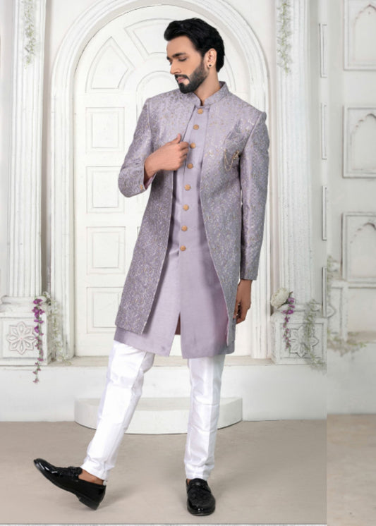 Purple Embroidered Open Indo Western Set
