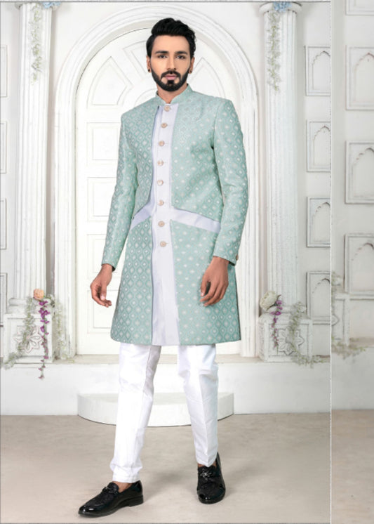 Aqua Jacquard Indo Western Set