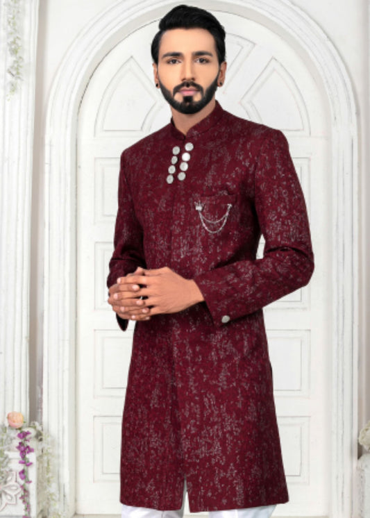 Wine Embroidered Indo Western Set