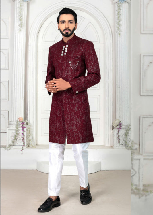 Wine Embroidered Indo Western Set