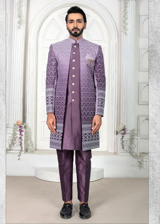 Purple Embroidered Open Indo Western Set