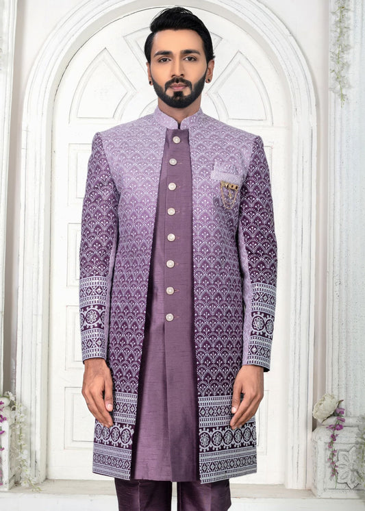 Purple Embroidered Open Indo Western Set