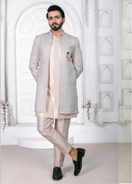 Peach & Light Grey Open Indo Western Set